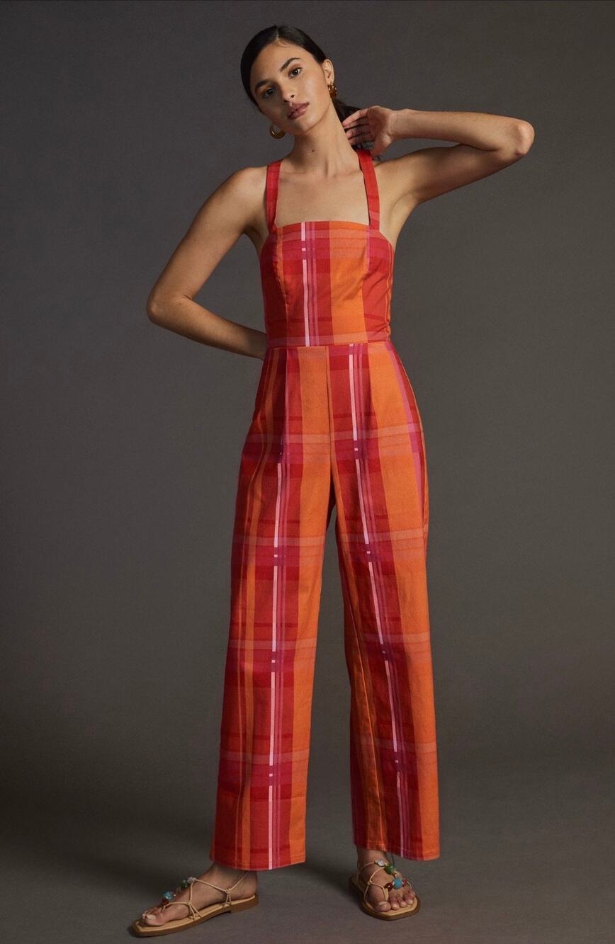 Corey Lynn Calter Jumpsuit Ayla Orange & Red Cotton Plaid NWT Size Medium